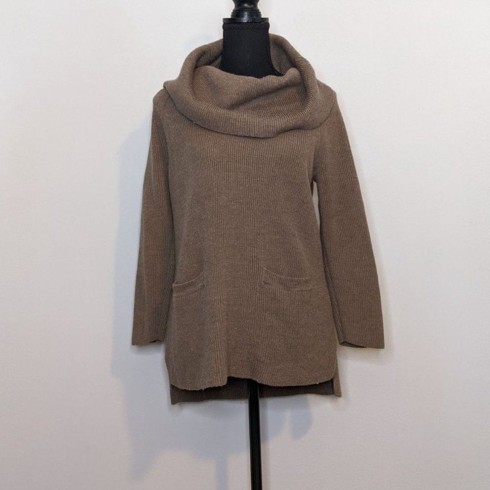 Anthropologie Tan Cowl Neck Wool Blend Tunic Sweater with Pockets - Large